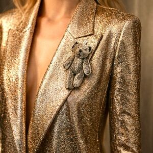 3-D metallic fabric, mini teddy bear pin brooch so cute 4.5” fun NWOT